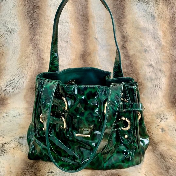 Jimmy Choo Green Black Leopard Print Patent Leather Roquette Bag - Picture 2 of 7